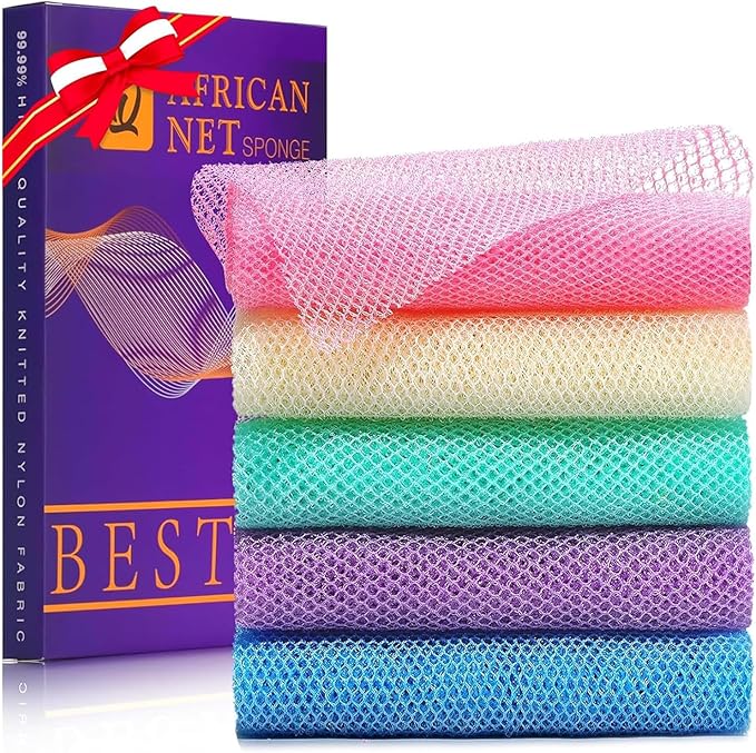 UJFQBH 5 Pieces African Bath Sponge African Net Long Net Bath Sponge Exfoliating Shower Body Scrubber Back Scrubber Skin Smoother,Great for Daily Use (Purple, Pink, Green, Blue, White) - Image 2